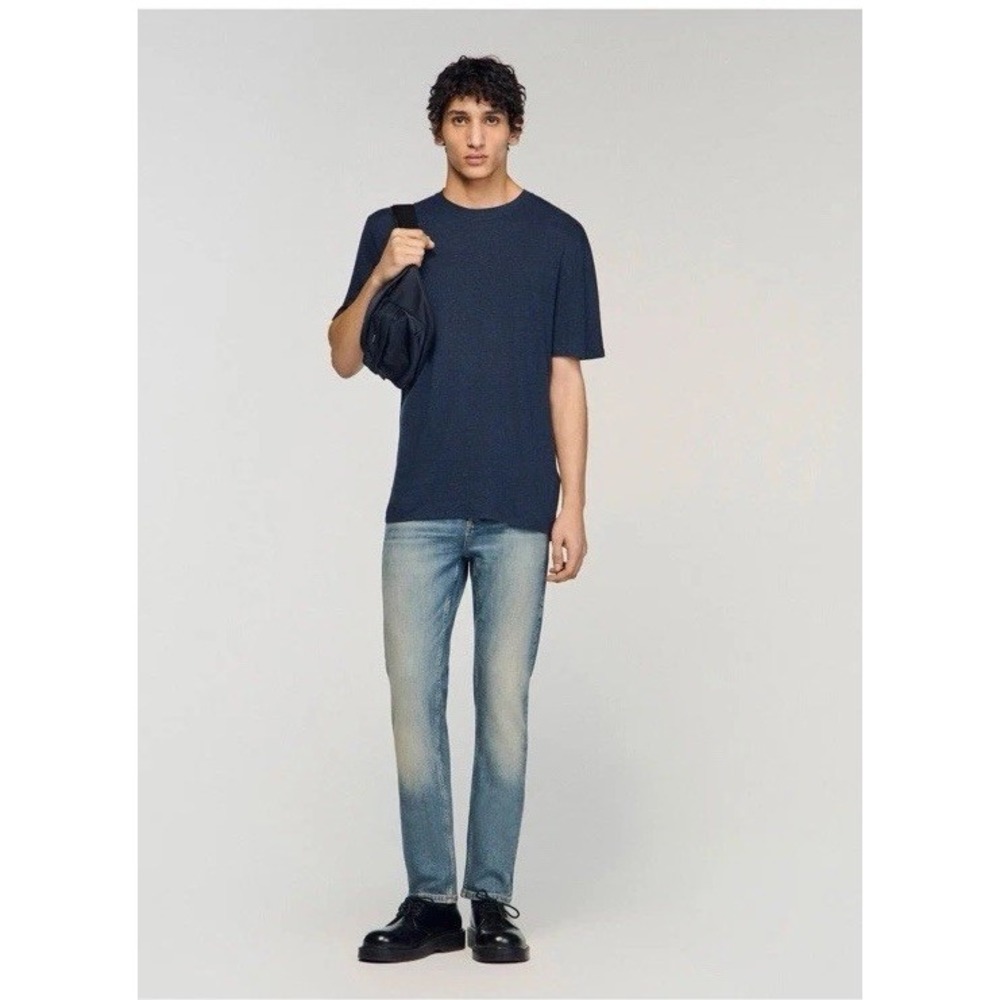 Sandro Mens Navy Blue Linen/Cotton Short Sleeve TShirt Size S/XS (measured) $185 - Picture 3 of 9